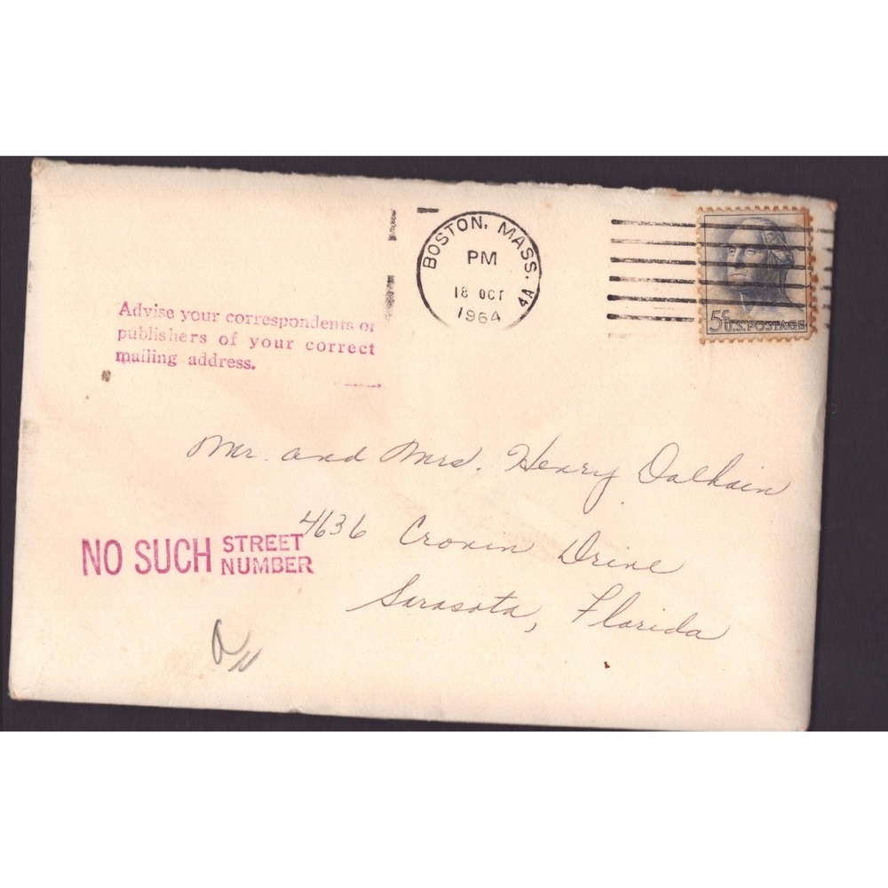 Vintage 1964 Boston MA to Sarasota FL Cover 5c Washington Stamp No Such Number - Picture 1 of 2